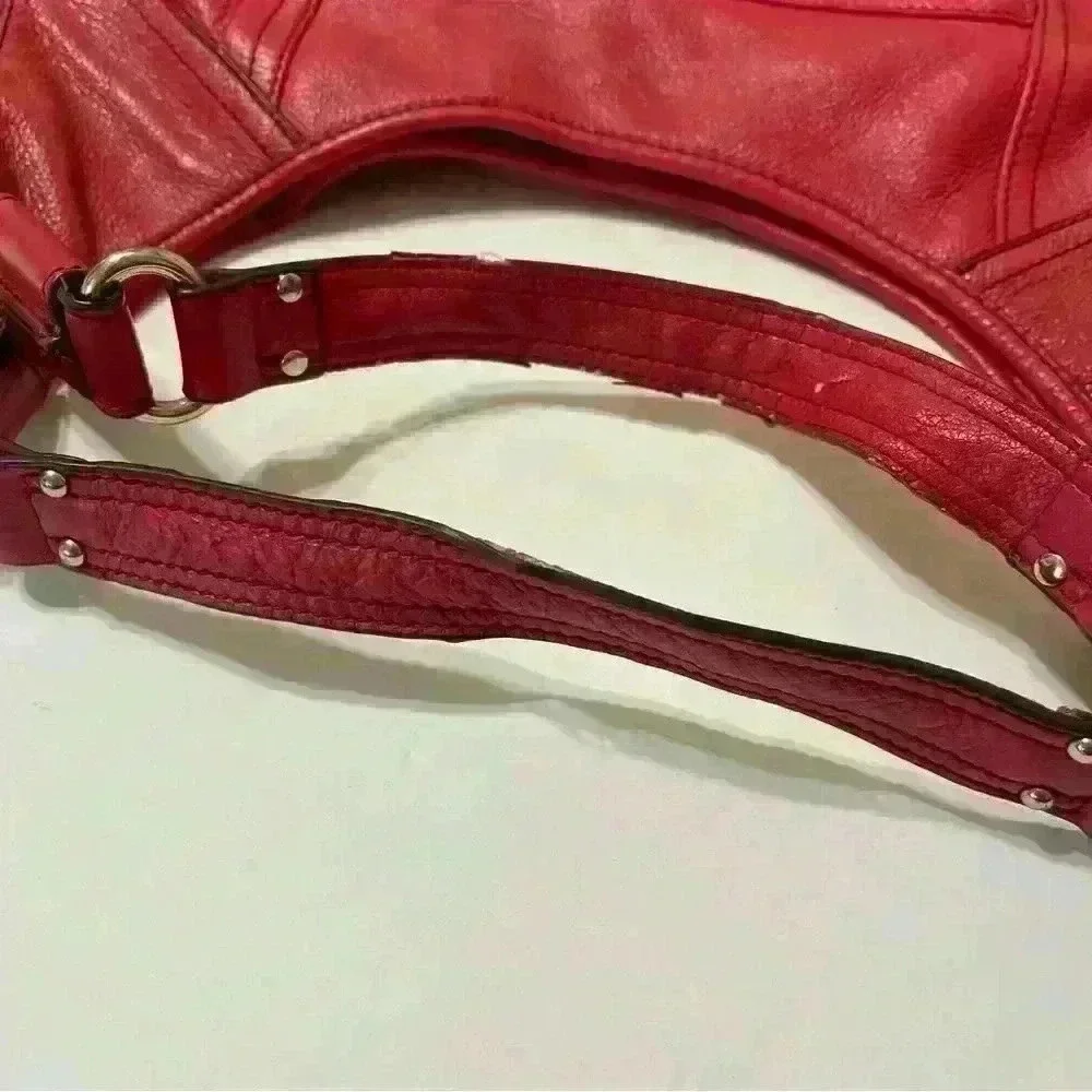 Etienne Aigner Red Genuine Leather Handbag Pockets Zip Around Boho Outdoor